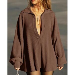 Brown Ribbed V-Neck Long Sleeve Top